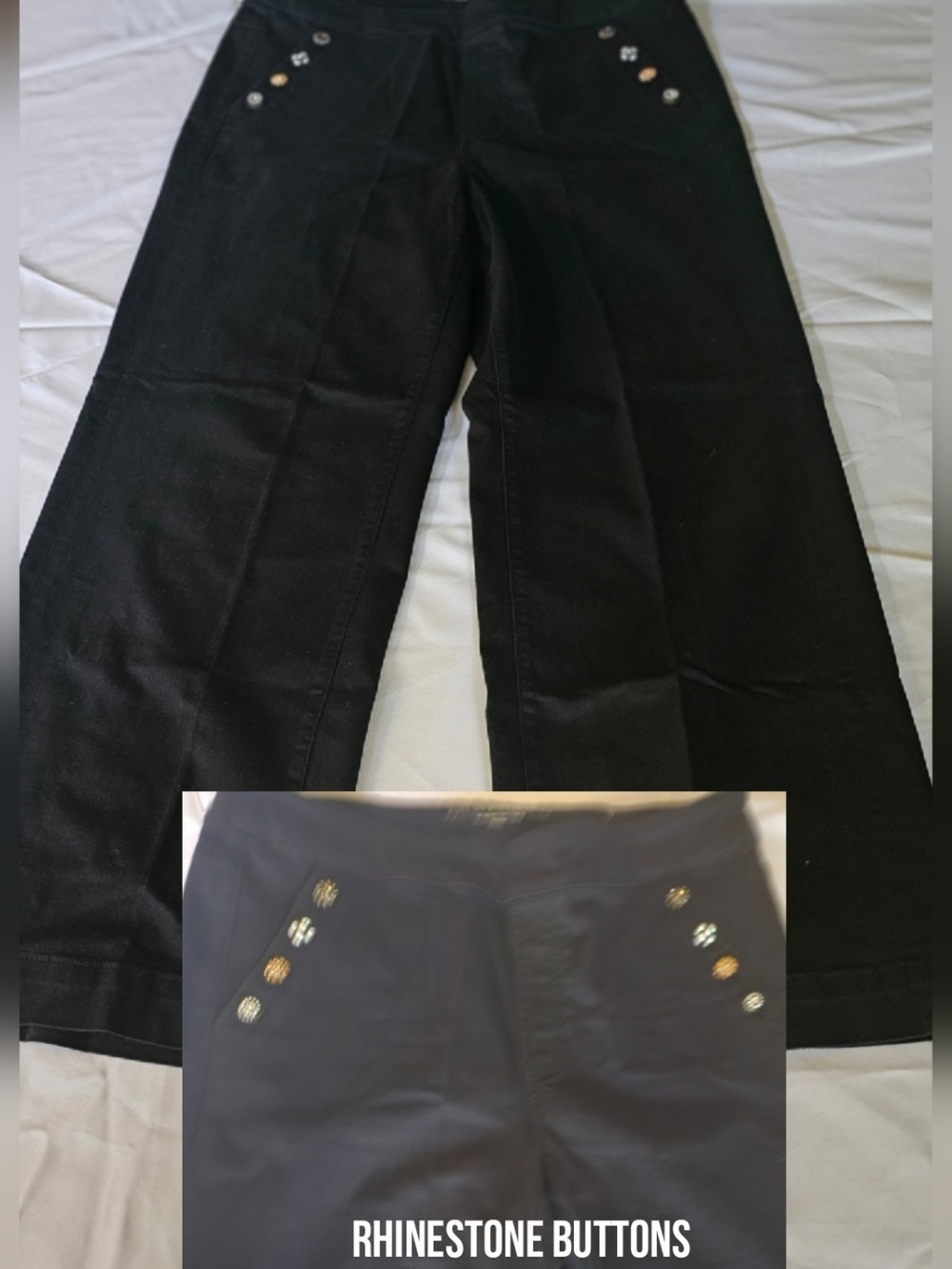 Black Denim Rhinestone Button Jeans Size 16/18 Straight Leg Embellished Pockets